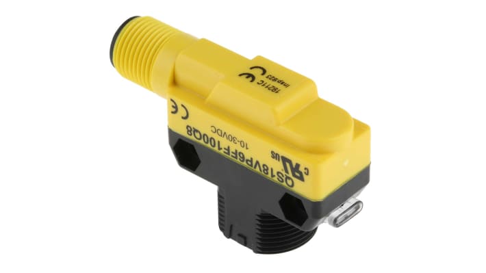 Banner QS18VP6FF100Q8, sensore fotoelettrico cilindrico a diffusione, rilevamento fino a 100 mm, uscita PNP, IP67.