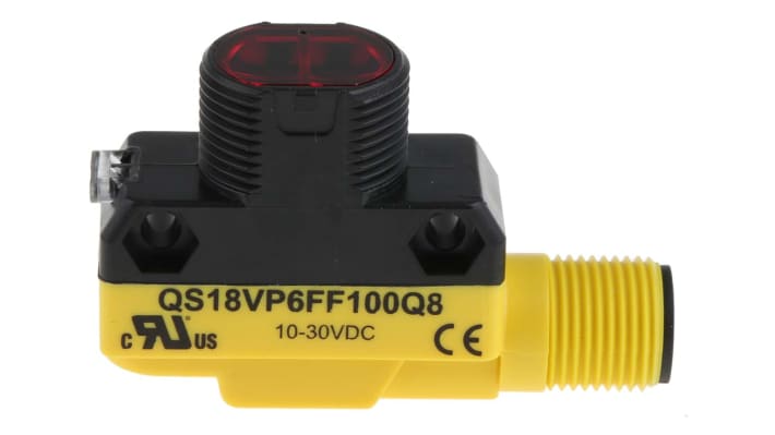 Banner QS18VP6FF100Q8, sensore fotoelettrico cilindrico a diffusione, rilevamento fino a 100 mm, uscita PNP, IP67.