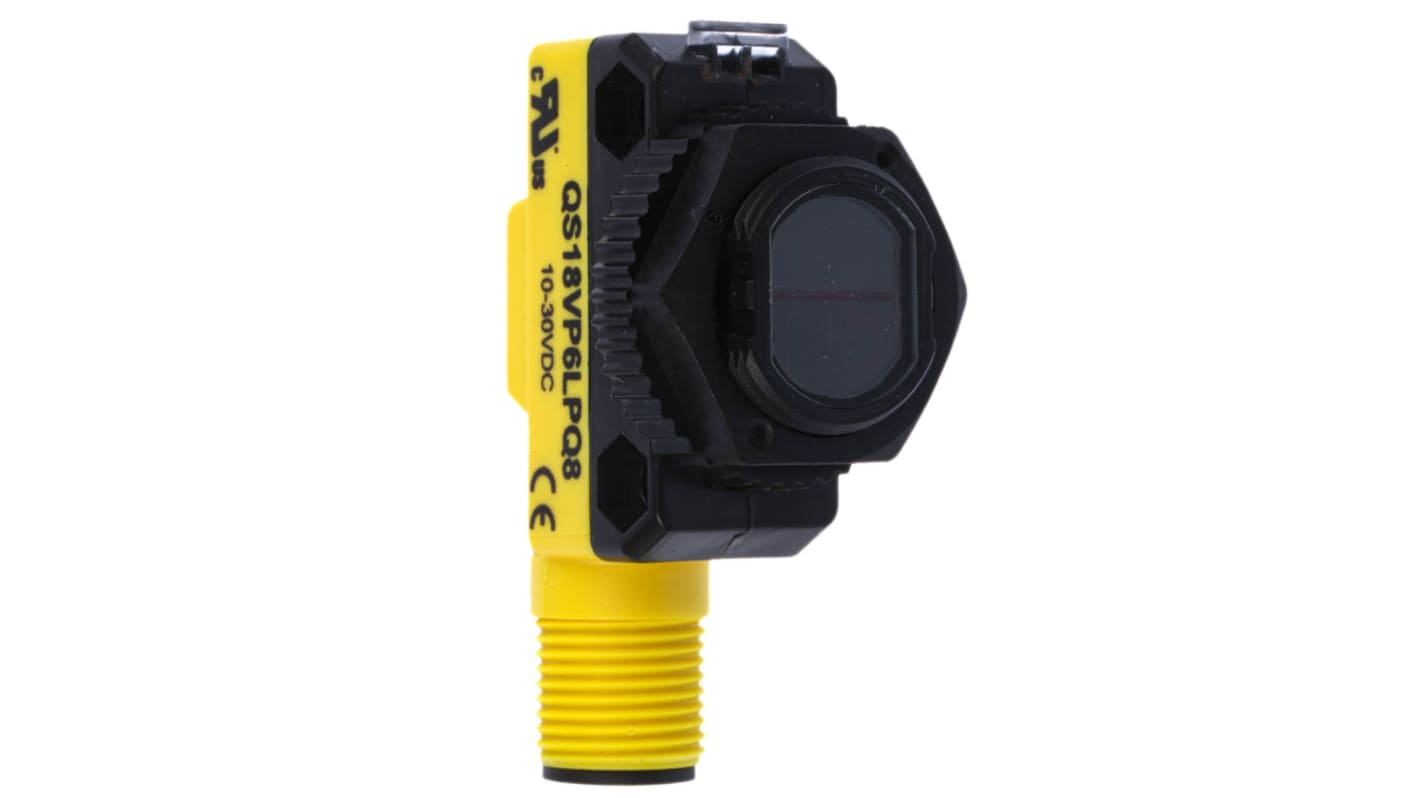 Sensore fotoelettrico cilindrico a retroriflessione Banner QS18VP6LPQ8, portata 3,5 m, uscita PNP, grado di protezione IP67.