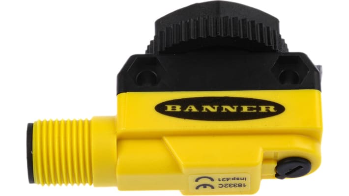 Sensore fotoelettrico cilindrico a retroriflessione Banner QS18VP6LPQ8, portata 3,5 m, uscita PNP, grado di protezione IP67.