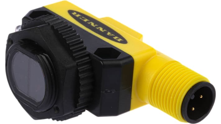 Sensore fotoelettrico cilindrico a retroriflessione Banner QS18VP6LPQ8, portata 3,5 m, uscita PNP, grado di protezione IP67.