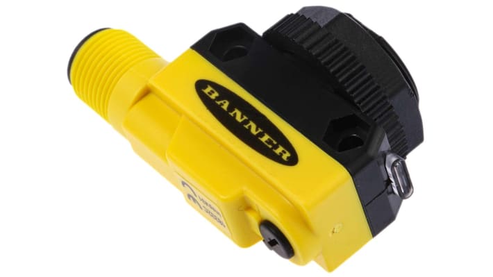 Sensore fotoelettrico cilindrico a retroriflessione Banner QS18VP6LPQ8, portata 3,5 m, uscita PNP, grado di protezione IP67.