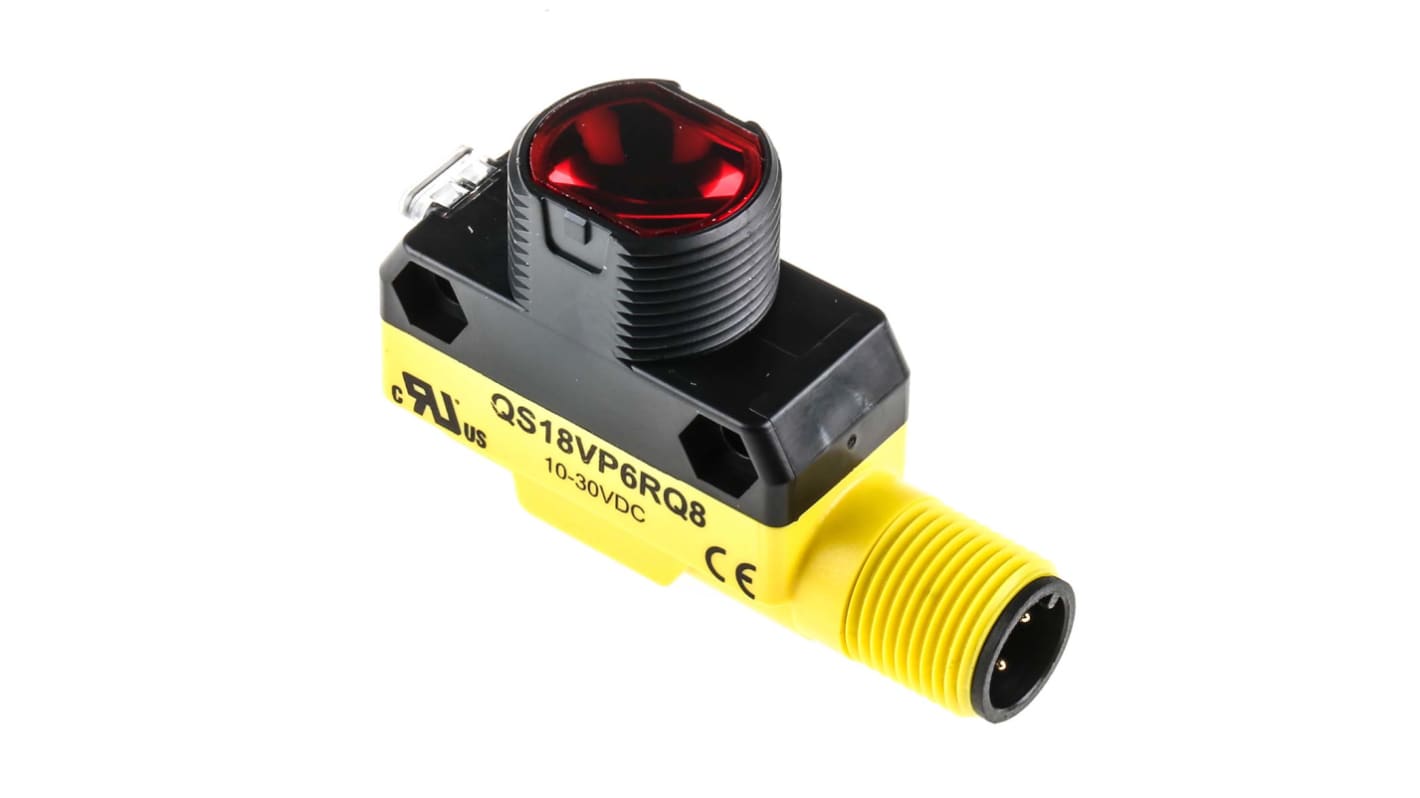 Sensore fotoelettrico cilindrico Banner QS18VP6RQ8, rilevamento fino a 20 m, uscita PNP, IP67, alimentazione 10-30 V CC.