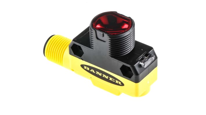 Sensore fotoelettrico cilindrico Banner QS18VP6RQ8, rilevamento fino a 20 m, uscita PNP, IP67, alimentazione 10-30 V CC.