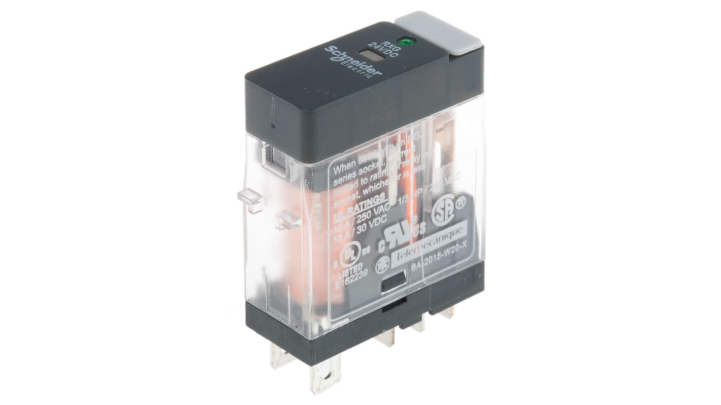 Relè di potenza Schneider Electric RXG13BD, SPDT, 24V cc, 10A, 250V c.a./30V c.c. per circuiti stampati densi. Ideale per linee di assemblaggio automatizzate e apparecchiature mediche. Durata meccanica 10M cicli.