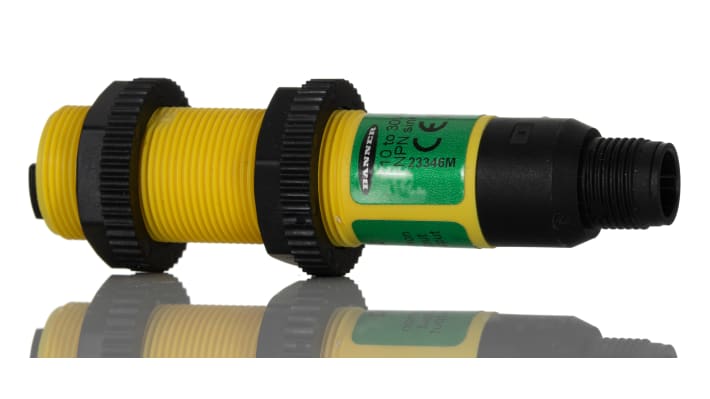 Sensore fotoelettrico cilindrico Banner S18SN6FF100Q, rilevamento 100 mm, uscita NPN, grado di protezione IP69K.