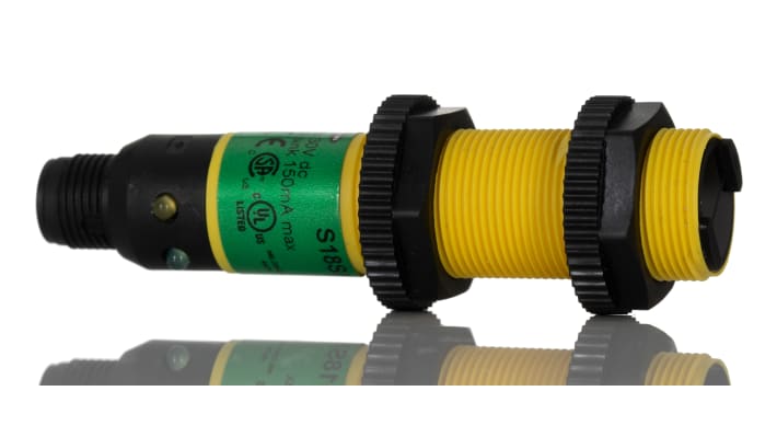 Sensore fotoelettrico cilindrico Banner S18SN6FF100Q, rilevamento 100 mm, uscita NPN, grado di protezione IP69K.