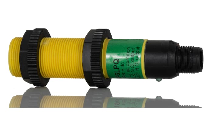 Sensore fotoelettrico cilindrico Banner S18SP6LPQ a retroriflessione, rilevamento 2 m, uscita PNP, IP67/IP69K, montaggio M12.