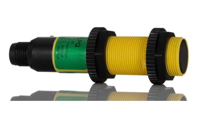 Sensore fotoelettrico cilindrico Banner S18SP6LPQ a retroriflessione, rilevamento 2 m, uscita PNP, IP67/IP69K, montaggio M12.