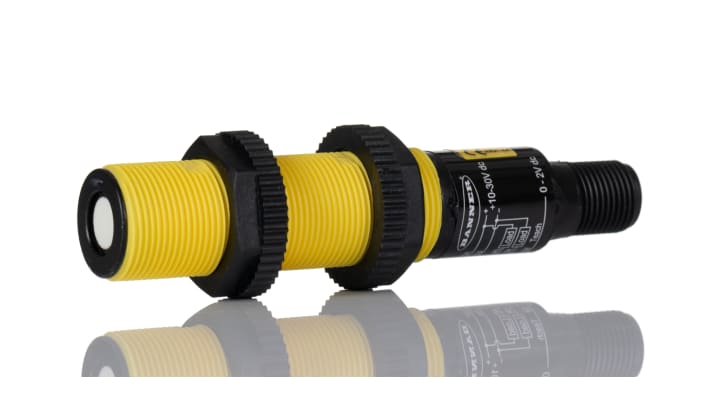 Sensore di prossimità cilindrico Banner S18UBAQ, tecnologia a ultrasuoni, filettatura M18, uscita PNP/NPN, IP67.