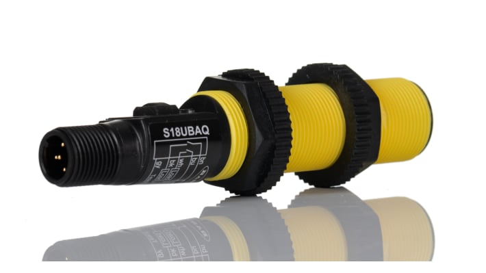 Sensore di prossimità cilindrico Banner S18UBAQ, tecnologia a ultrasuoni, filettatura M18, uscita PNP/NPN, IP67.