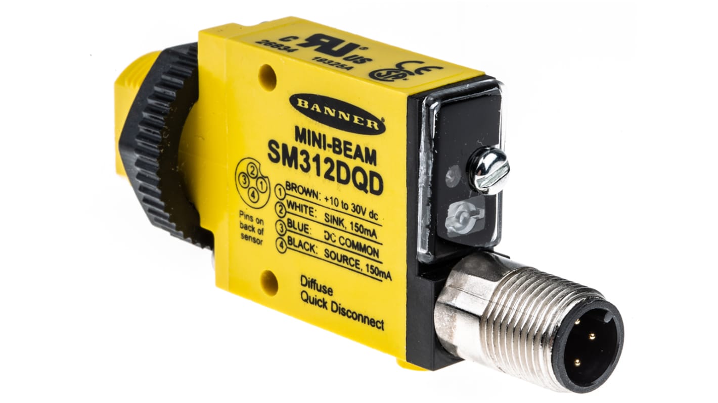 Sensore fotoelettrico rettangolare Banner SM312DQD, rilevamento 380 mm, uscita NPN/PNP, grado di protezione IP67.