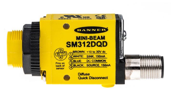Sensore fotoelettrico rettangolare Banner SM312DQD, rilevamento 380 mm, uscita NPN/PNP, grado di protezione IP67.