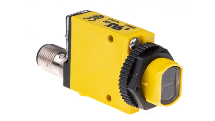 Sensore fotoelettrico rettangolare Banner SM312DQD, rilevamento 380 mm, uscita NPN/PNP, grado di protezione IP67.