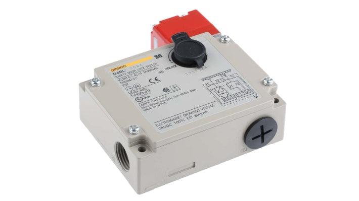 Interruttore di sicurezza Omron D4BL-2DRA, 24V cc, contatti 2NC. Blocco meccanico e rilascio solenoide, certificato IP67, UL e CSA. Ideale per sicurezza industriale.