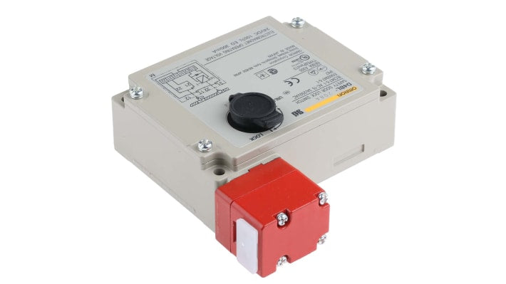Interruttore di sicurezza Omron D4BL-2DRA, 24V cc, contatti 2NC. Blocco meccanico e rilascio solenoide, certificato IP67, UL e CSA. Ideale per sicurezza industriale.