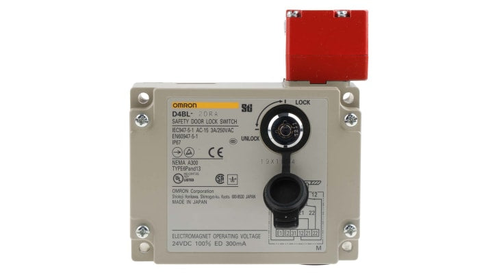 Interruttore di sicurezza Omron D4BL-2DRA, 24V cc, contatti 2NC. Blocco meccanico e rilascio solenoide, certificato IP67, UL e CSA. Ideale per sicurezza industriale.