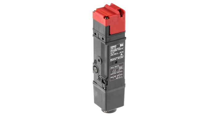 Interruttore di interblocco a solenoide Omron D4SL-N4CFG, 24V cc, 6 contatti, grado di protezione IP67, dimensioni 179.5x39x39 mm.