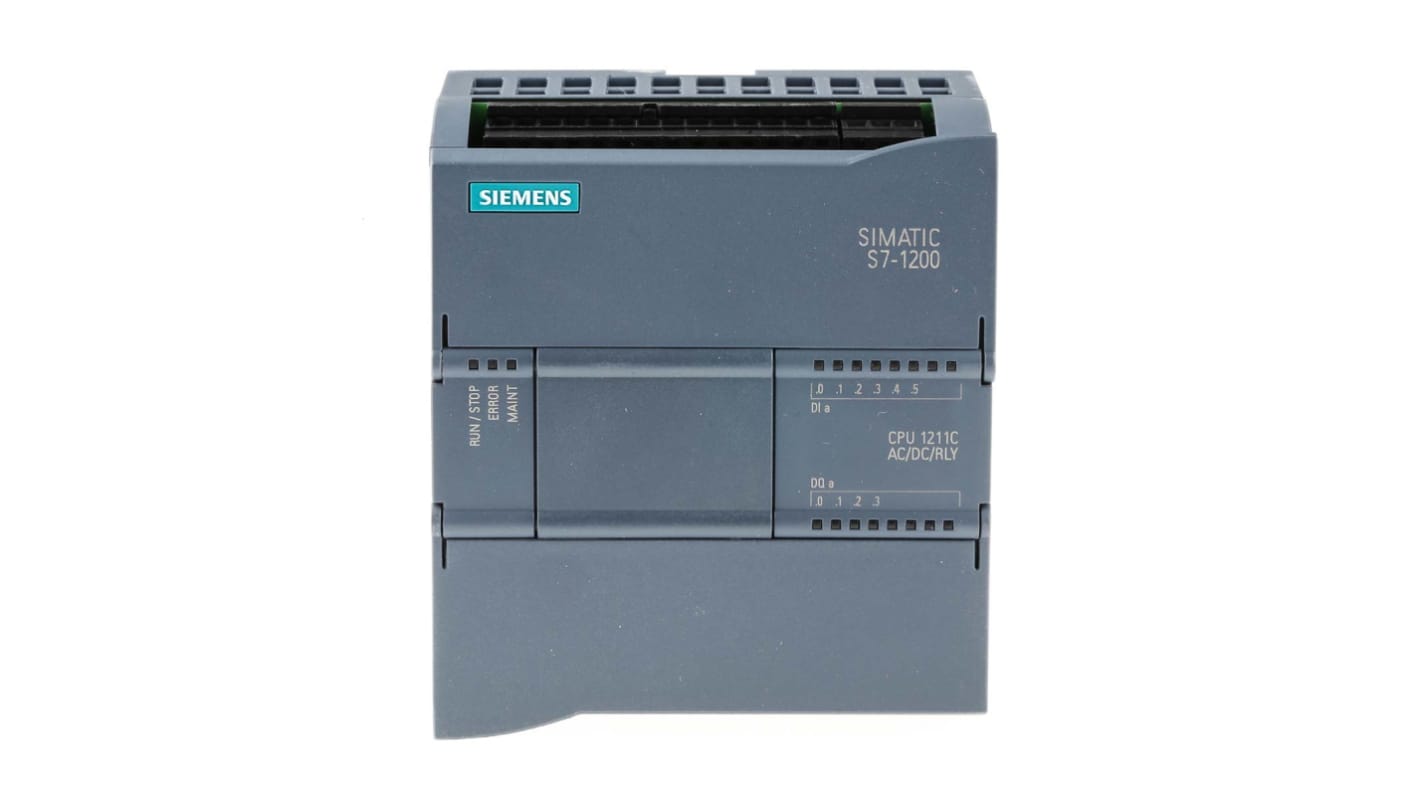Modulo I/O Siemens 6ES7211-1BE40-0XB0, CPU PLC S7-1200, 6 ingressi, 4 uscite, montaggio su guida DIN, dimensioni 100 x 90 x 75 mm.