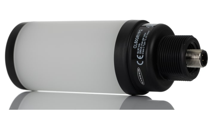 Torretta di segnalazione LED Banner CL50GRYPQ, 3 elementi Rosso/Verde/Giallo, IP67, altezza 114.2 mm, montaggio versatile.