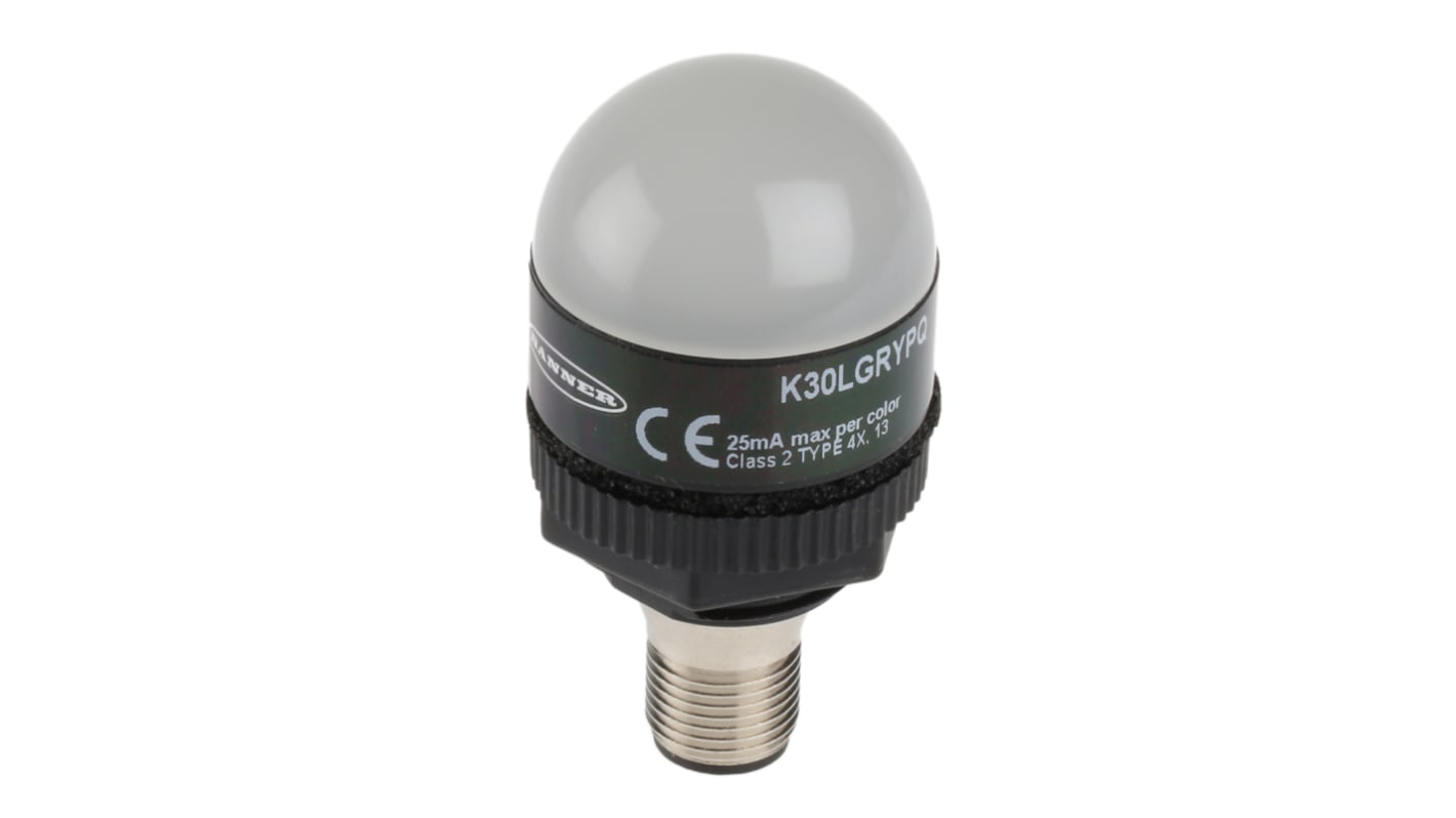 Segnalatore LED Banner K30LGRYPQ, alimentazione 10-30 V c.c., colori verde, rosso, giallo, montaggio su base di 30 mm, altezza 58 mm, grado di protezione IP67/IP69.