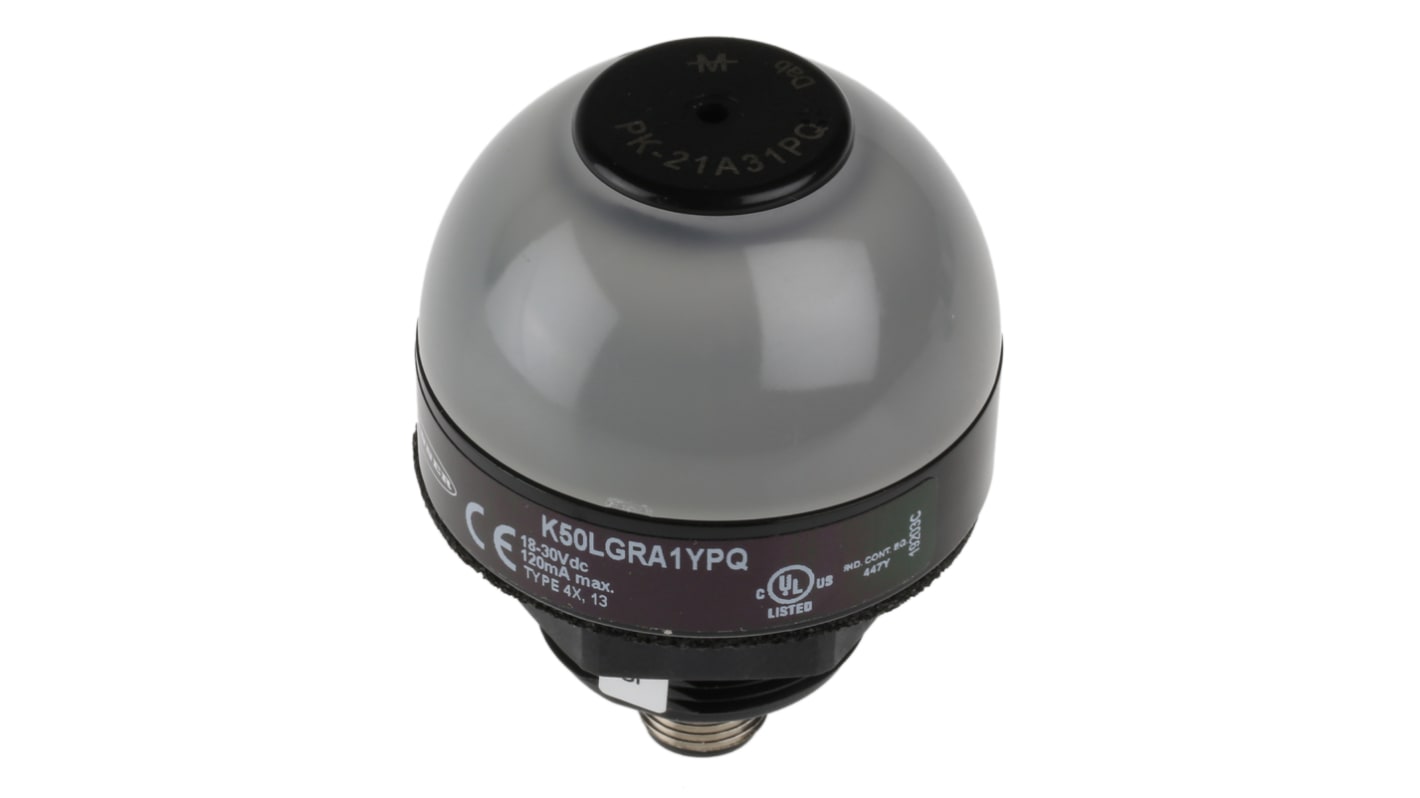 Segnalatore acustico e luminoso Banner K50LGRA1YPQ, LED, 18-30 V c.c., 75 dB, IP50, montaggio su base, custodia nera.