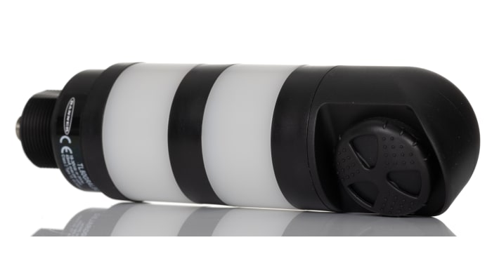 Torretta di segnalazione LED Banner TL50GRALSQ, rossa e verde, con cicalino, IP67, altezza 155.8 mm, montaggio versatile.