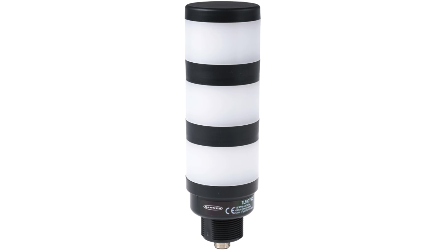 Torretta di segnalazione LED Banner TL50GYRQ, 3 colori (rosso, verde, giallo), IP67, altezza 142.6 mm, montaggio versatile.