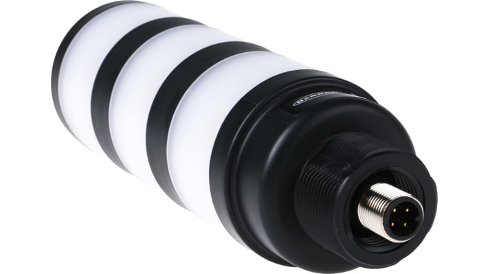 Torretta di segnalazione LED Banner TL50GYRQ, 3 colori (rosso, verde, giallo), IP67, altezza 142.6 mm, montaggio versatile.