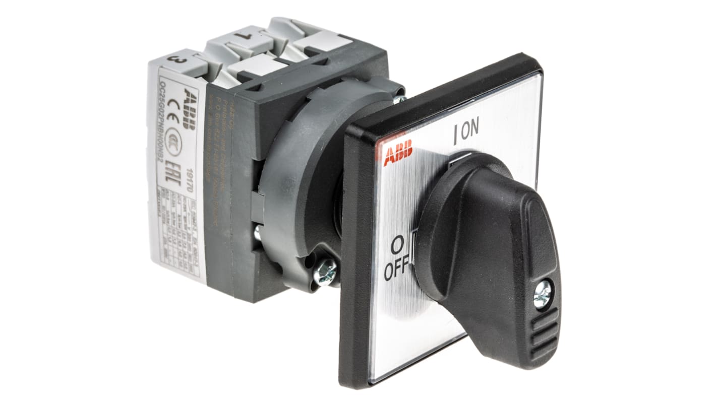 Interruttore cam DPST ABB OC25G02PNBN00NB2, 25A, 2 posizioni, dimensioni 51 x 51 x 95 mm, montaggio orizzontale o verticale.