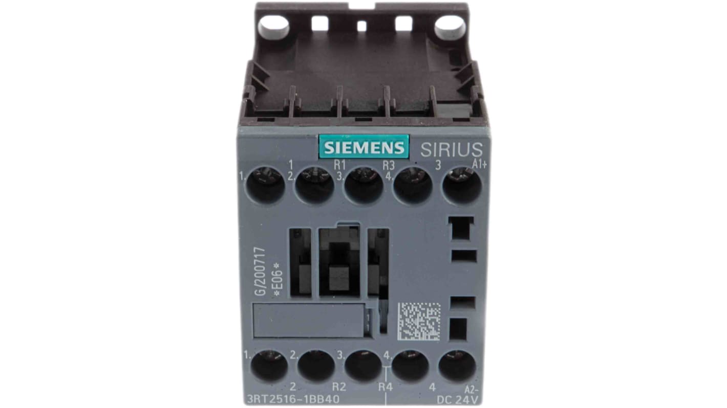 Contattore Siemens 3RT2516-1BB40, 4 poli, 24 V c.c., 9 A, 2 NO + 2 NC, dimensioni 57,5 x 45 x 73 mm.