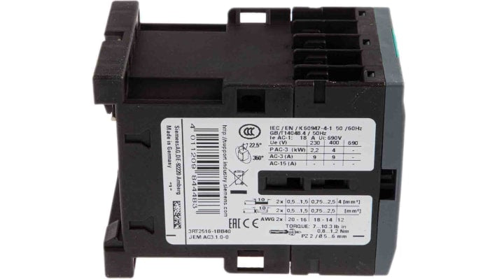 Contattore Siemens 3RT2516-1BB40, 4 poli, 24 V c.c., 9 A, 2 NO + 2 NC, dimensioni 57,5 x 45 x 73 mm.