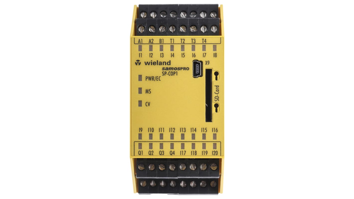 Wieland R1.190.1110.0, controller di sicurezza Samos PRO COMPACT, 24 I/O, 20 ingressi sicuri, dimensioni 45 x 96 x 115 mm.