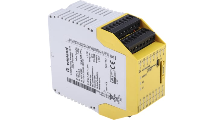 Wieland R1.190.1110.0, controller di sicurezza Samos PRO COMPACT, 24 I/O, 20 ingressi sicuri, dimensioni 45 x 96 x 115 mm.