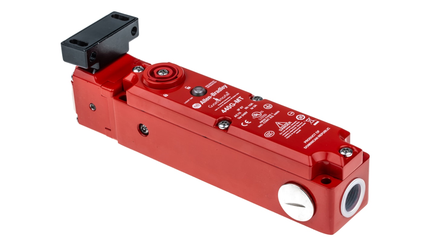 Interruttore di interblocco a solenoide Allen Bradley Guardmaster 440G-MT47038, 24V, IP67, con attuatore in acciaio inox e custodia in lega di zinco. Dimensioni 40mm x 199mm x 46.75mm.