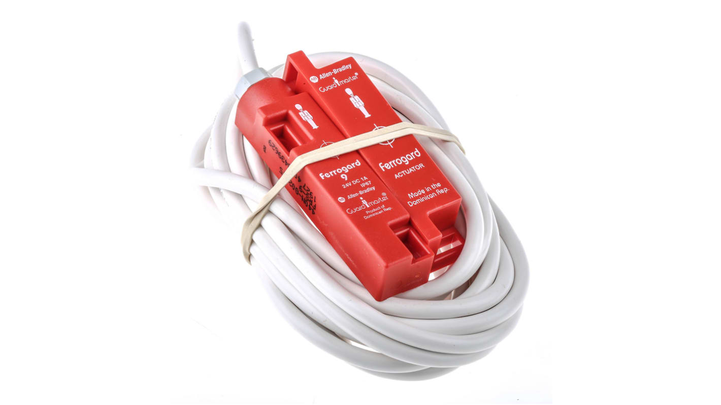 Interruttore di sicurezza senza contatto Allen Bradley Guardmaster 440N-G02075, 24V cc, protezione IP67, dimensioni 76x30x15mm.