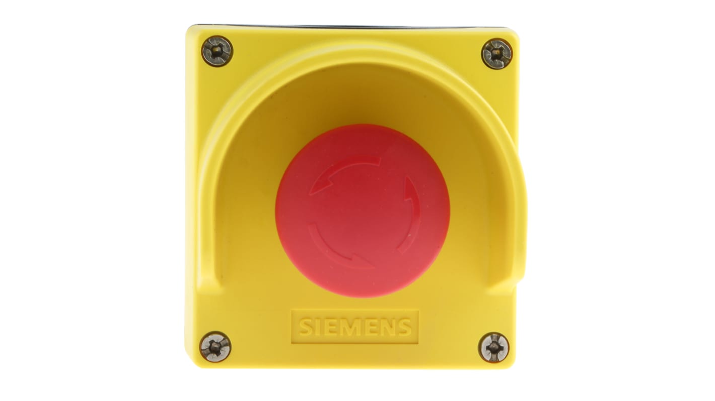 Pulsante di arresto di emergenza Siemens 3SU1801-0NB00-2AC2 per montaggio superficiale. Resistente, visibile e ideale per ambienti industriali. IP67.