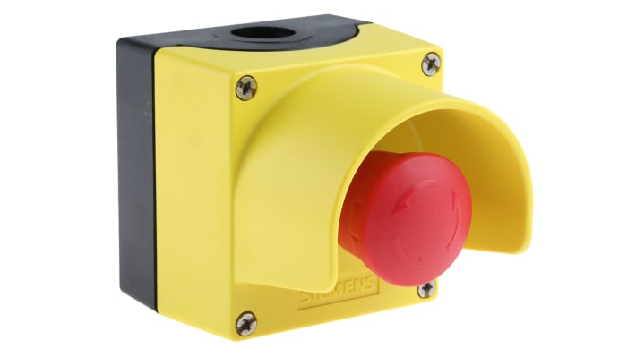 Pulsante di arresto di emergenza Siemens 3SU1801-0NB00-2AC2 per montaggio superficiale. Resistente, visibile e ideale per ambienti industriali. IP67.