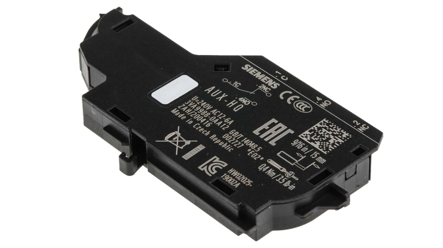 Siemens 3VA9988-0AA12, modulo contatti ausiliari con 3 contatti, 2NC + 4NO, montaggio laterale, corrente nominale 6 A.