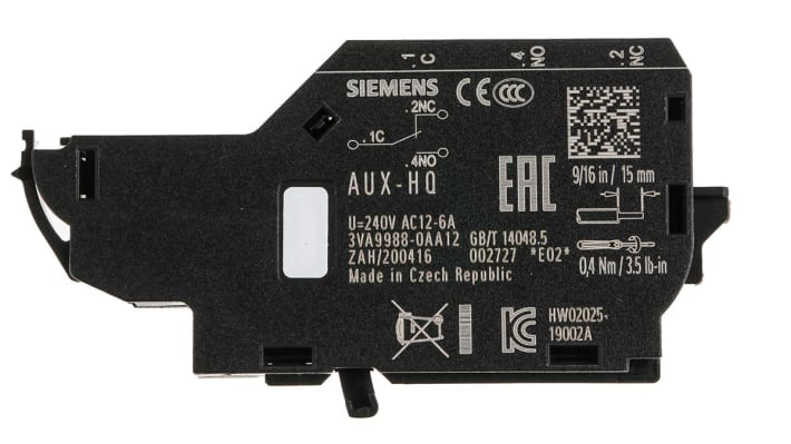Siemens 3VA9988-0AA12, modulo contatti ausiliari con 3 contatti, 2NC + 4NO, montaggio laterale, corrente nominale 6 A.