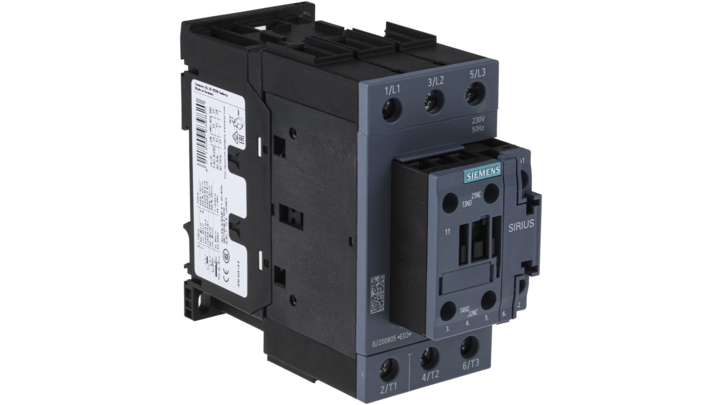 Contattore Siemens 3RT2036-1AP00, 3 poli 50A 22kW 230V c.a. per affidabile commutazione motori industriali. Resistente, facile montaggio su guida DIN.