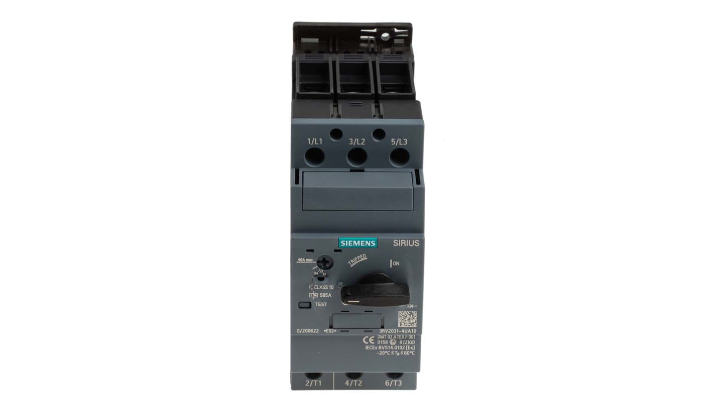 Interruttore automatico Siemens 3RV2031-4UA10, protezione motore 32-40 A, dimensioni 140x55x149 mm, grado di protezione IP20.