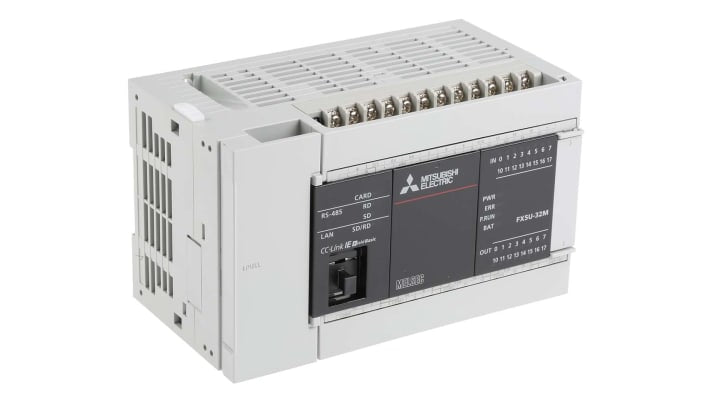 Mitsubishi Electric FX5U-32MR/ES, CPU PLC con 16 ingressi digitali, montaggio a pannello, dimensioni 150 x 90 x 83 mm.