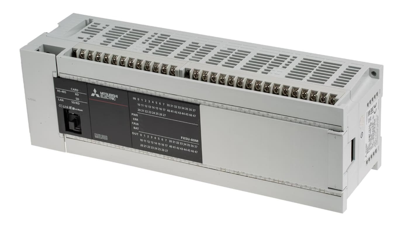 Mitsubishi Electric FX5U-80MT/ESS, CPU PLC con 80 I/O, montaggio a pannello, dimensioni 285 x 90 x 83 mm, porta Ethernet.