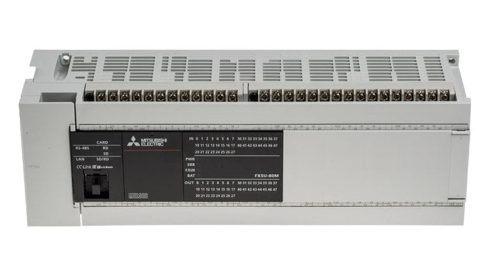 Mitsubishi Electric FX5U-80MT/ESS, CPU PLC con 80 I/O, montaggio a pannello, dimensioni 285 x 90 x 83 mm, porta Ethernet.