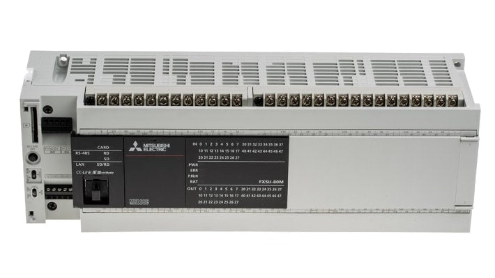Mitsubishi Electric FX5U-80MT/ESS, CPU PLC con 80 I/O, montaggio a pannello, dimensioni 285 x 90 x 83 mm, porta Ethernet.