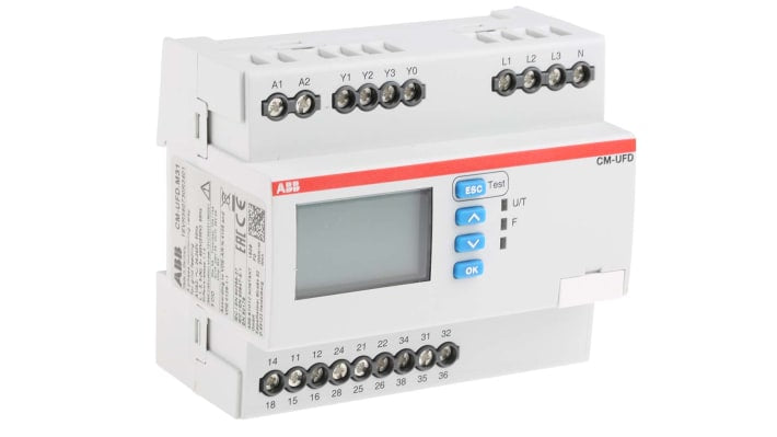 Relè di monitoraggio ABB CM-UFD, unipolare, 6 A, SPDT, montaggio su guida DIN, dimensioni 108 x 67 x 90 mm.