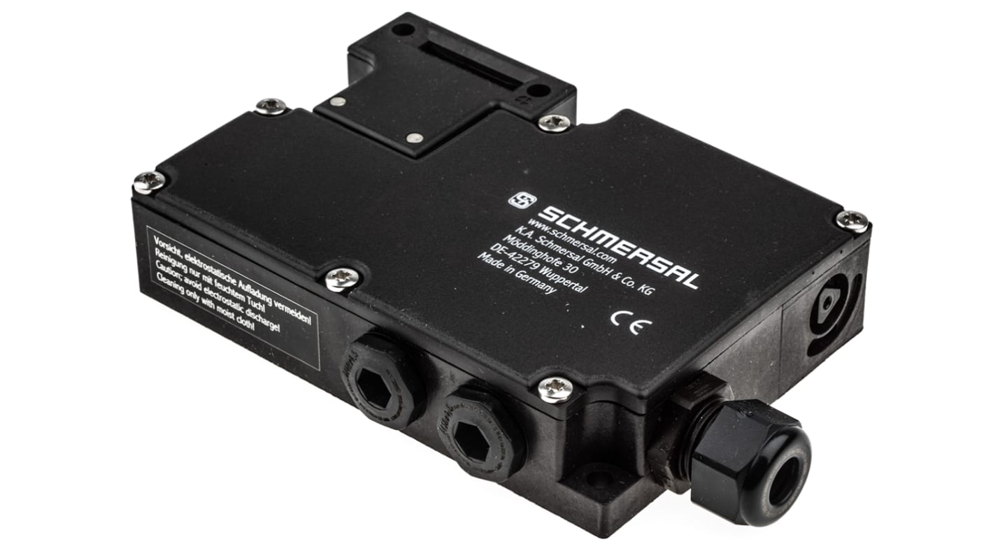 Interruttore di interblocco a solenoide Schmersal EX-AZM 161, 24V, IP67, con 4 contatti NC e 1 contatto NA/NC, dimensioni 130x114x30mm.