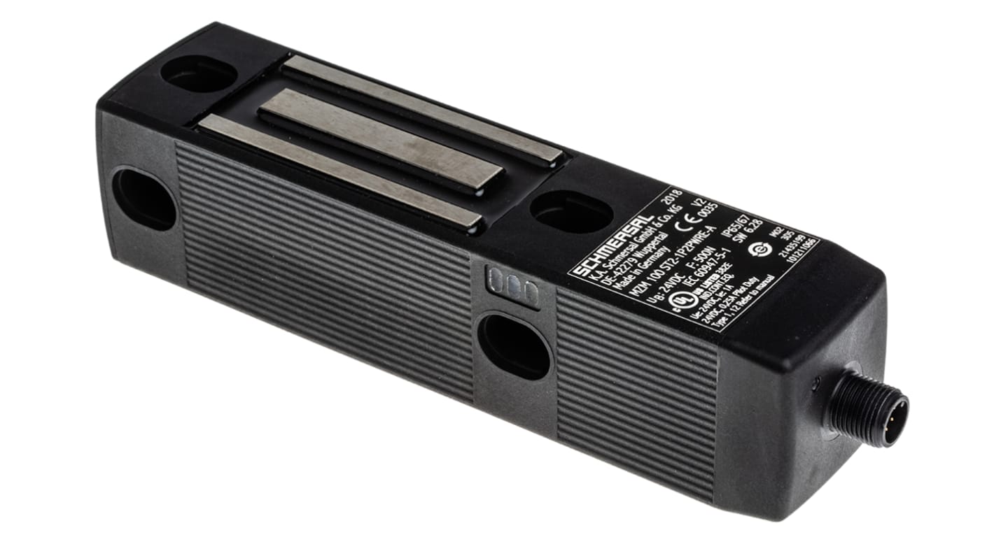 Interruttore di interblocco a solenoide Schmersal MZM 100 ST2-1P2PWRE-A, 24V cc, grado di protezione IP65/IP67, dimensioni 40x179x40 mm.