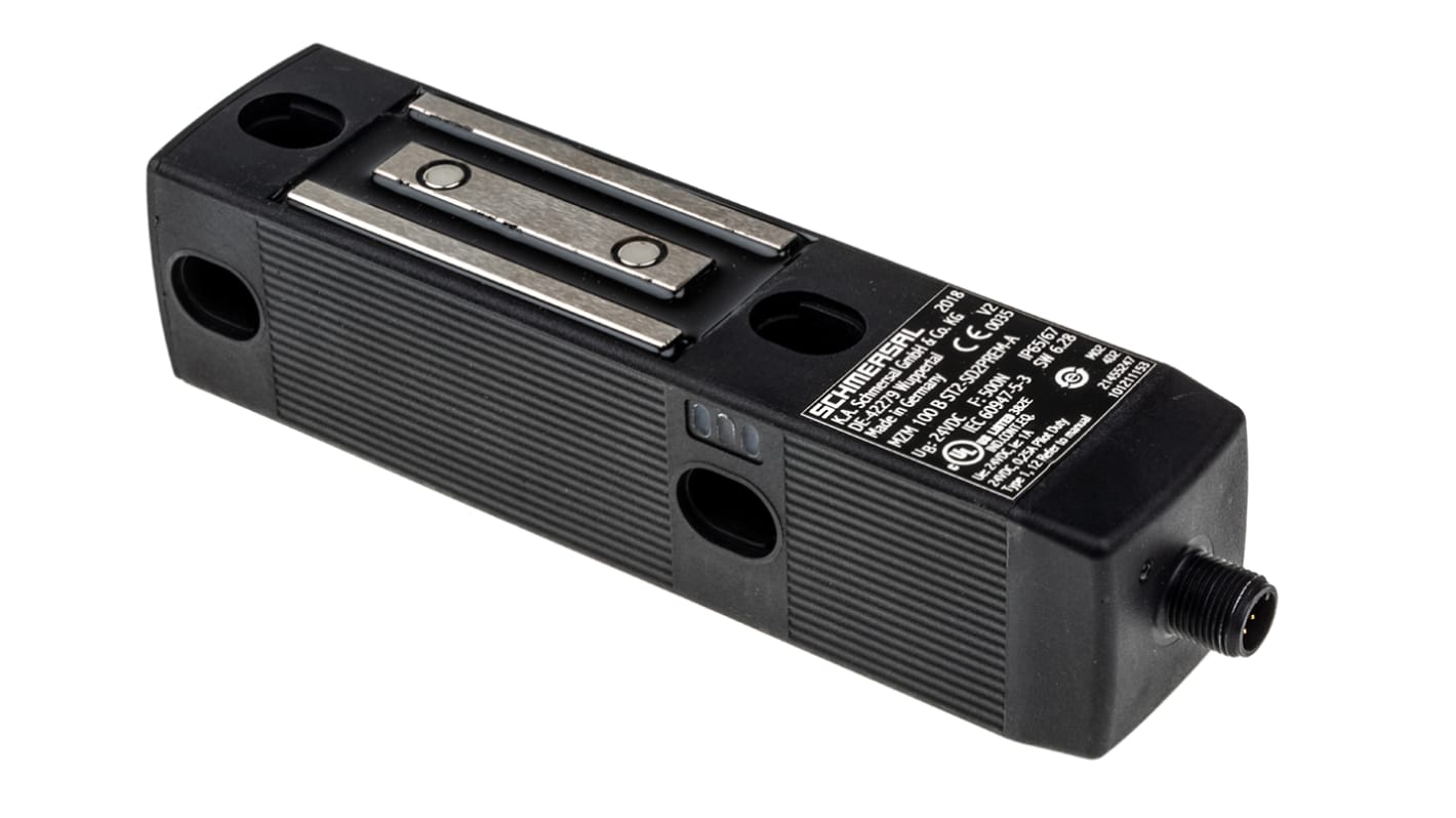 Interruttore di interblocco a solenoide Schmersal MZM 100 B, 24V cc, grado di protezione IP65/IP67, dimensioni 40x40x179 mm.